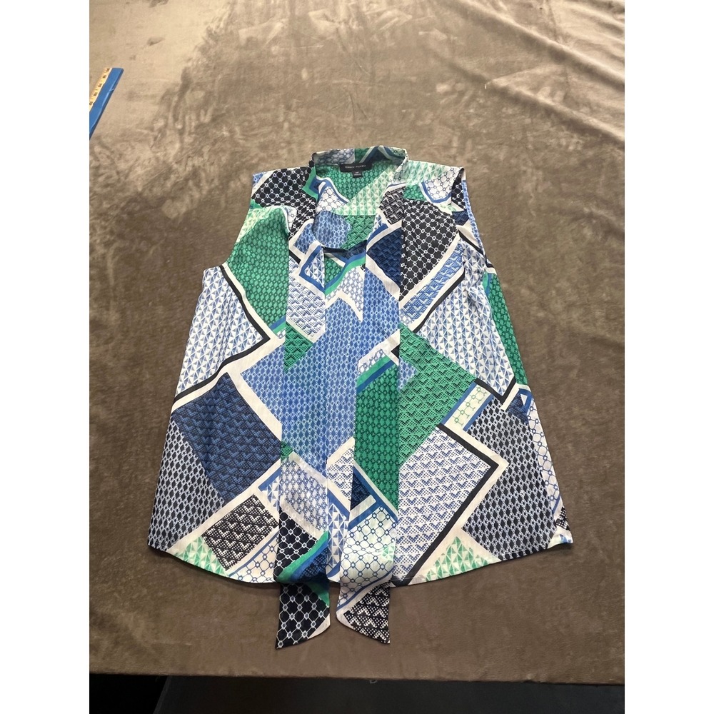 Tommy Hilfiger Sleeveless Geometric Patchwork Tie Neck Blouse Blue Green Small